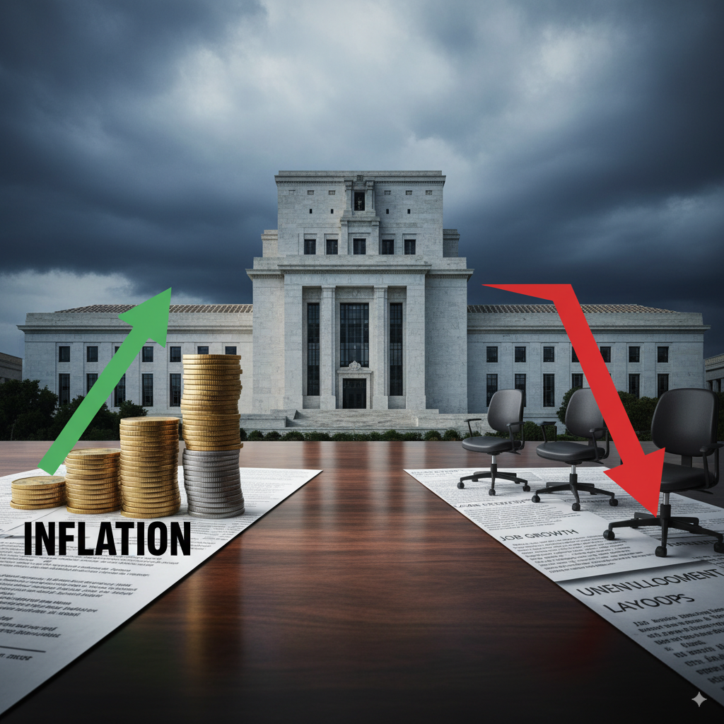 A realistic, editorial-style news illustration in 16:9 ratio. Show the U.S. Federal Reserve building in Washington, D.C., with storm clouds above to symbolize uncertainty. In the foreground, a split image effect: on one side, stacks of coins and a rising arrow (inflation caution), on the other, a red downward arrow with job figures and empty chairs (labor market weakness). The overall mood is serious, journalistic, and professional, similar to financial news outlets. Muted colors, high contrast, no people, focus on symbols and atmosphere.