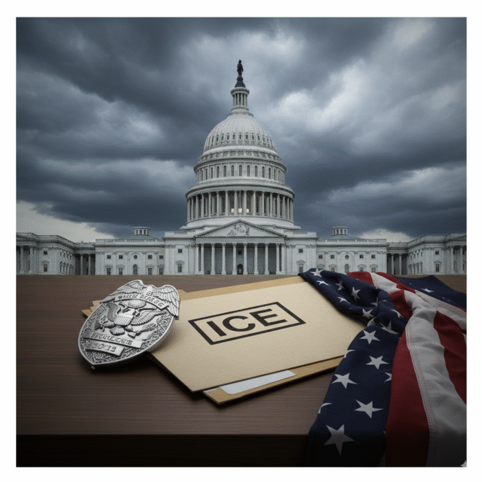 A serious editorial illustration in 16:9 aspect ratio for a news article. The U.S. Capitol building in Washington, D.C. is shown with storm clouds above, symbolizing political conflict. In the foreground, a police badge and ICE folder rest on a desk with an American flag draped to the side, representing the federal vs. local law enforcement dispute. The mood is tense, journalistic, and realistic, with muted colors, sharp contrast, and a professional news tone. No people, just symbols and atmosphere.